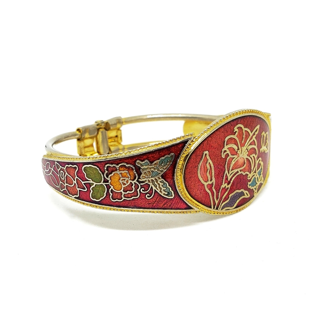 Vintage Cloisonne Red enamel floral bangle - Picture 4 of 4